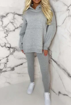 Living The Life Grey Marl Oversized Hoodie With Ribbed Legging Two Piece Loungewear Set
