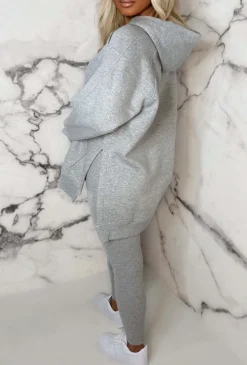 Living The Life Grey Marl Oversized Hoodie With Ribbed Legging Two Piece Loungewear Set
