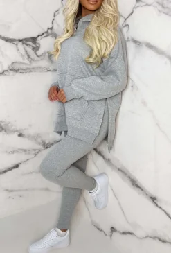 Living The Life Grey Marl Oversized Hoodie With Ribbed Legging Two Piece Loungewear Set