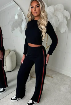 Lorenza Black Ribbed Side Stripe Loungewear Set