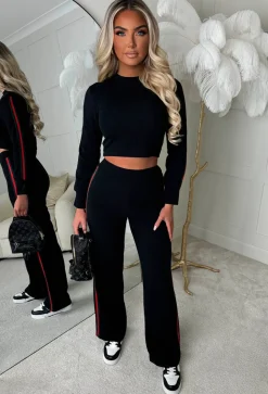 Lorenza Black Ribbed Side Stripe Loungewear Set
