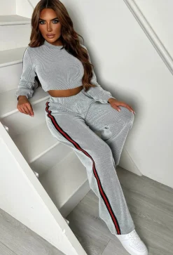 Lorenza Grey Ribbed Side Stripe Loungewear Set