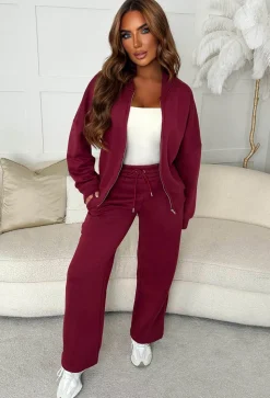 Love On Replay Burgundy Jacket And Jogger Loungewear Set