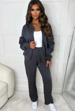 Love On Replay Charcoal Bomber Jacket And Straight Leg Jogger Loungewear Set