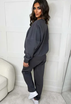 Love On Replay Charcoal Bomber Jacket And Straight Leg Jogger Loungewear Set