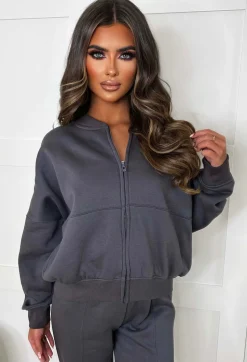 Love On Replay Charcoal Bomber Jacket And Straight Leg Jogger Loungewear Set