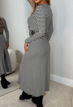 Love On The Line Monochrome Striped Long Sleeve Stretch Midi Dress
