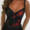 Love Vibes Black Rose Print Lace Trim Mesh Top