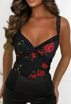 Love Vibes Black Rose Print Lace Trim Mesh Top