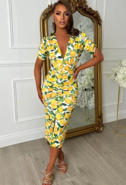 Love You Always Lemon Print Ruched Front Midi Dress
