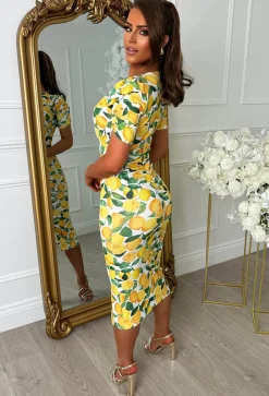 Love You Always Lemon Print Ruched Front Midi Dress
