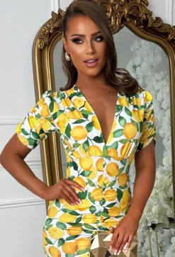Love You Always Lemon Print Ruched Front Midi Dress