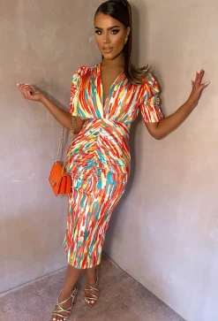 Love You Always Orange Printed Ruched Dress