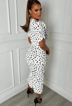 Love You Always White Polka Dot Ruched Front Midi Dress