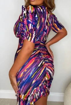 Love You Lots Purple Stretch Printed Ruched Mini Dress
