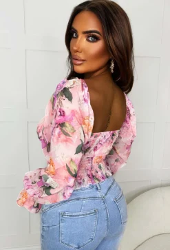 Loyal Love Pink Floral Milkmaid Mesh Top