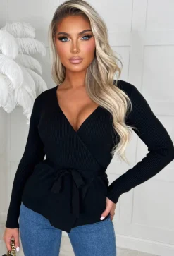 Lucky Charm Black Tie Waist Wrap Knitted Jumper