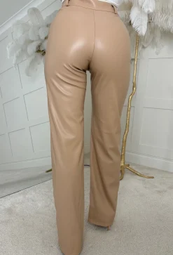 Luxe Destiny Beige Faux Leather Straight Leg Trouser