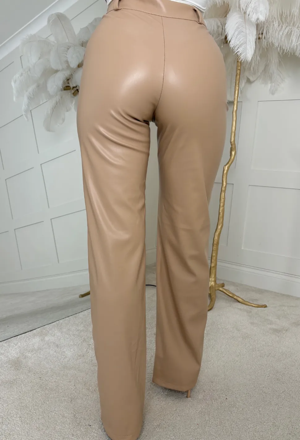Luxe Destiny Beige Faux Leather Straight Leg Trouser