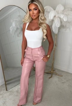 Luxe Destiny Light Pink Faux Leather Straight Leg Trouser