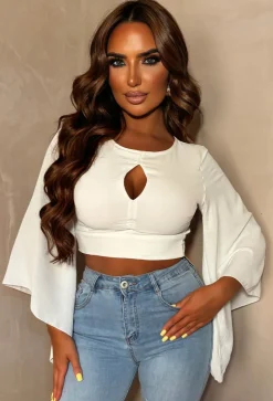 Luxe Haven White Flared Sleeve Key Hole Crop Top
