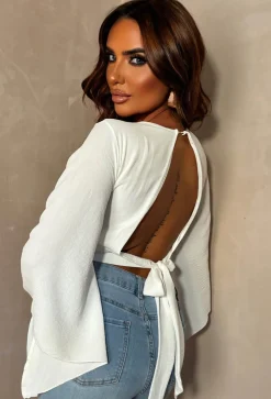 Luxe Haven White Flared Sleeve Key Hole Crop Top