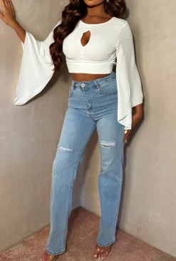 Luxe Haven White Flared Sleeve Key Hole Crop Top