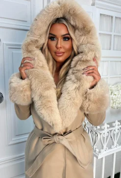 Luxe Illusion Taupe Faux Fur Trim Belted Coat