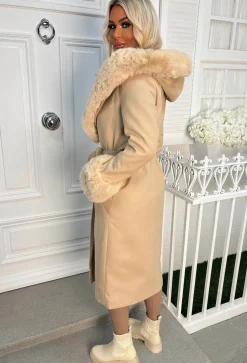 Luxe Illusion Taupe Faux Fur Trim Belted Coat