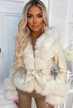 Luxury Escape Beige Faux Leather Hooded Skater Belted Coat