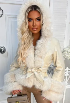 Luxury Escape Beige Faux Leather Hooded Skater Belted Coat