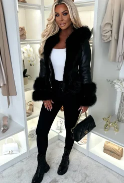 Luxury Escape Black Faux Leather Hooded Skater Belted Coat