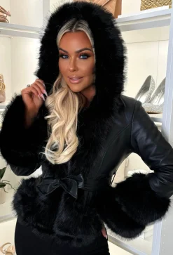 Luxury Escape Black Faux Leather Hooded Skater Belted Coat