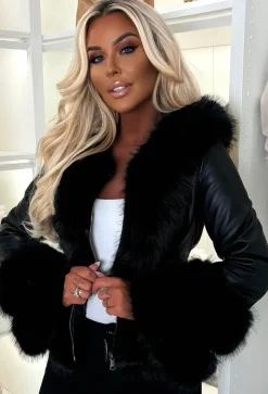 Luxury Escape Black Faux Leather Hooded Skater Belted Coat