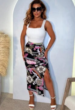 Luxury Fantasy Black Stretch Printed Ruched & Split Midi Skirt