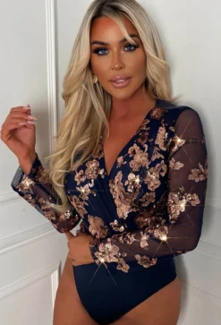 Luxury Merritt Navy and Rose Gold Sequin Bodysuit