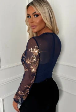Luxury Merritt Navy and Rose Gold Sequin Bodysuit