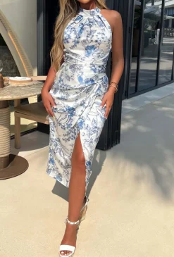 Luxury Moment Blue Satin Printed Ruched Halterneck Midi Dress