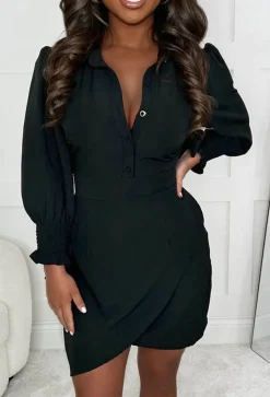Make It Work Black Bow Tie Sleeve Mini Shirt Dress