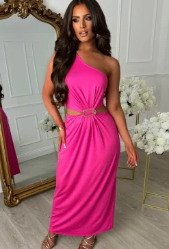 Marbella Madness Fuchsia One Shoulder Cutout Buckle Dress