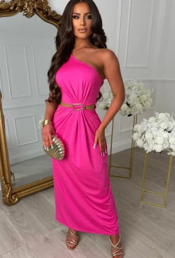 Marbella Madness Fuchsia One Shoulder Cutout Buckle Dress