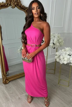 Marbella Madness Fuchsia One Shoulder Cutout Buckle Dress