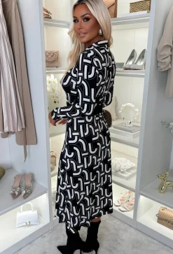 Mary-Jane Black Button Front Printed Shirt Dress
