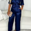 Midnight Madness Navy Leopard Satin Tie Front Jumpsuit
