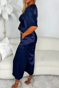 Midnight Madness Navy Leopard Satin Tie Front Jumpsuit