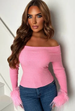 Midnight Muse Baby Pink Off The Shoulder Faux Fur Cuff Jumper