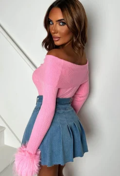 Midnight Muse Baby Pink Off The Shoulder Faux Fur Cuff Jumper