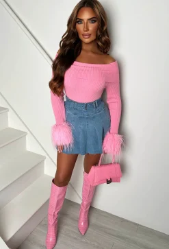 Midnight Muse Baby Pink Off The Shoulder Faux Fur Cuff Jumper