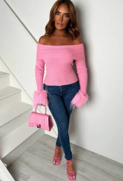 Midnight Muse Baby Pink Off The Shoulder Faux Fur Cuff Jumper