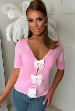 Midnight Whisper Light Pink Bow Cardigan